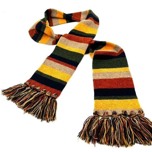 HOWLIN' *Flawed* Yellow Blue Red Striped 100% Pure Wool Scotland Fringe Scarf - Picture 2 of 4